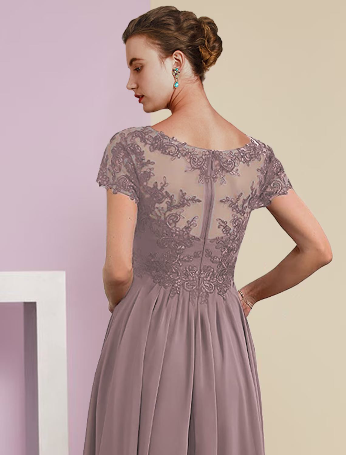 Two Piece A-Line Mother of the Bride Dress Formal Wedding Guest Elegant V Neck Length Lace Short Sleeve Wrap Included with Pleats Appliques