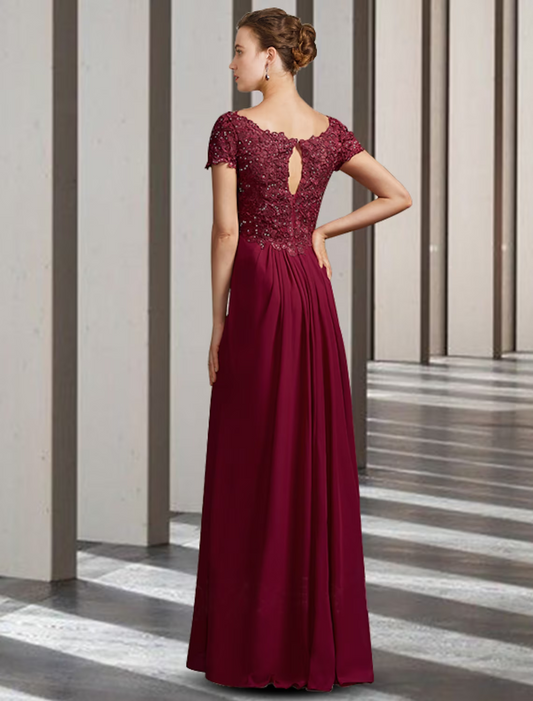Mother of the Bride Dress Elegant V Neck Floor Length Chiffon Lace Short Sleeve with Appliques