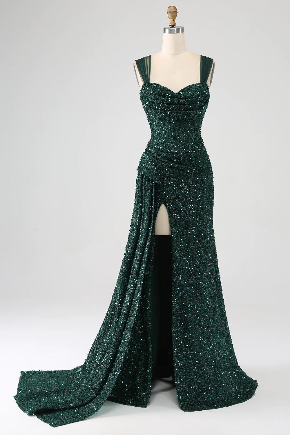 DingJiDress Dark Green Sheath Sparkly Sequin Pleated Long Prom Dress With Thigh Split