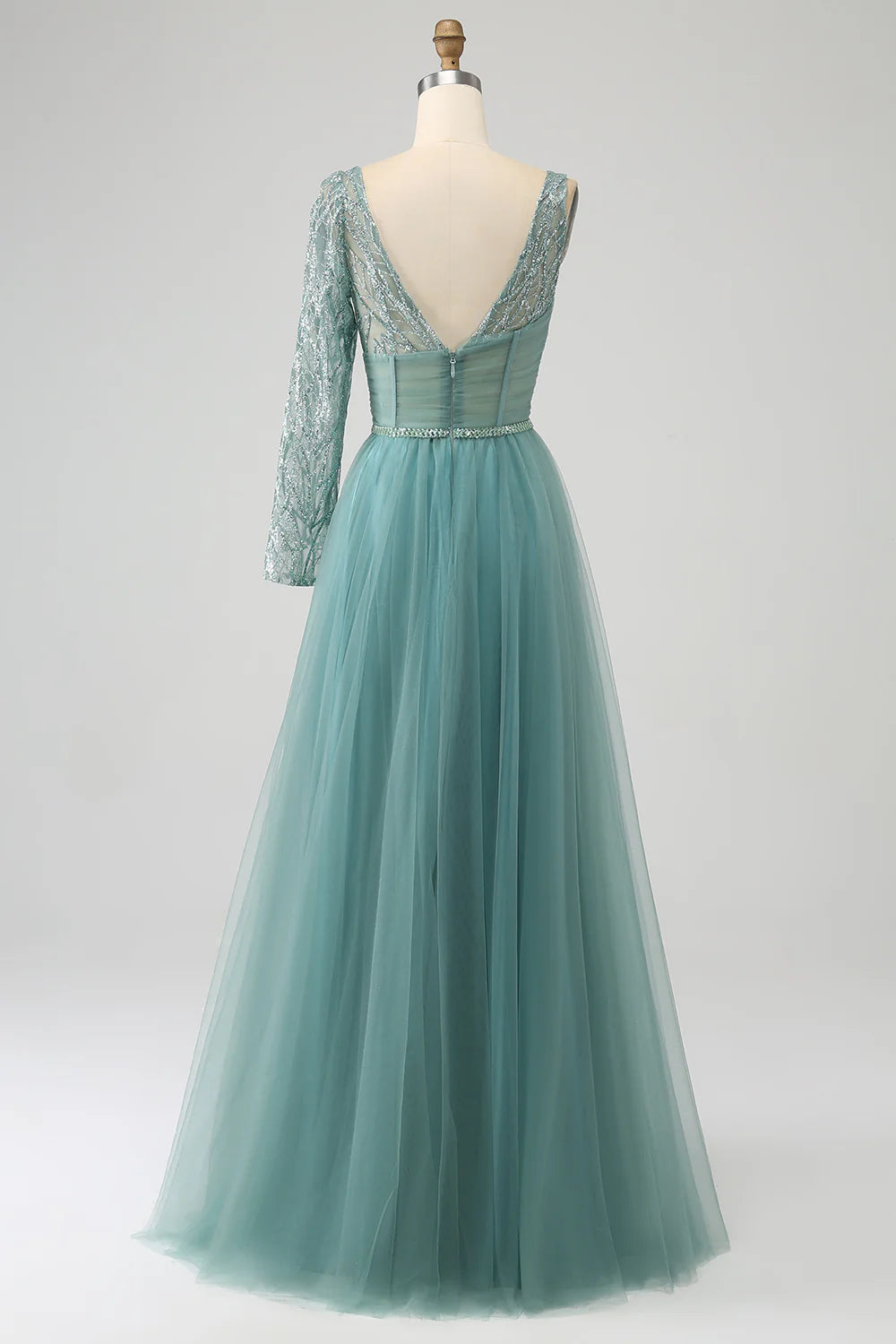 DingJiDress Grey Green A-Line Sparkly Sequin Long Corset Prom Dress