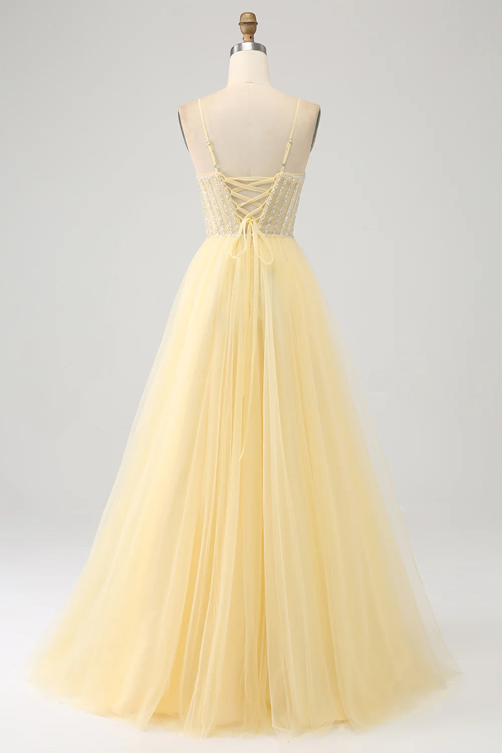 DingJiDress Tulle Beaded Light Yellow Prom Dress with Slit