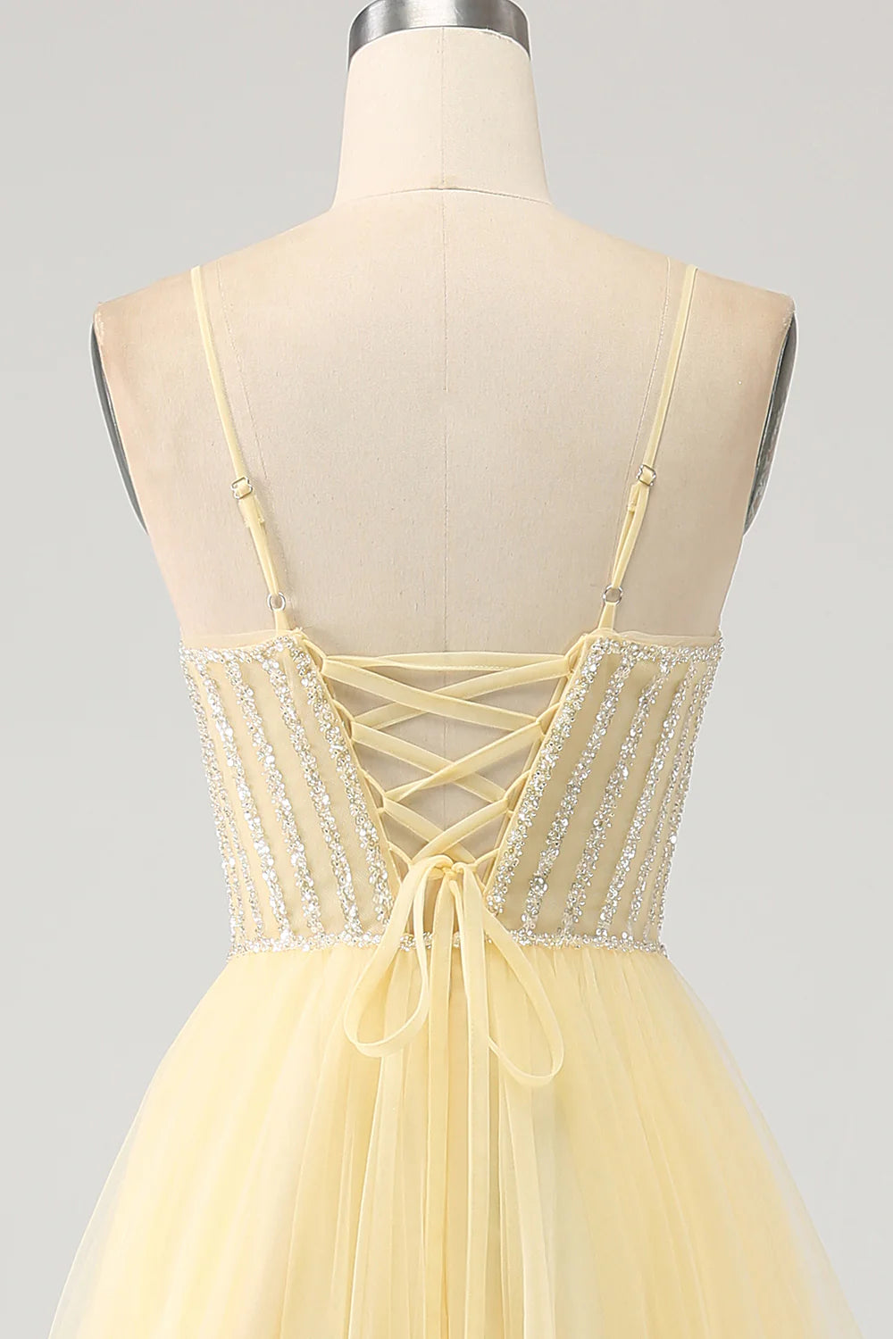 DingJiDress Tulle Beaded Light Yellow Prom Dress with Slit