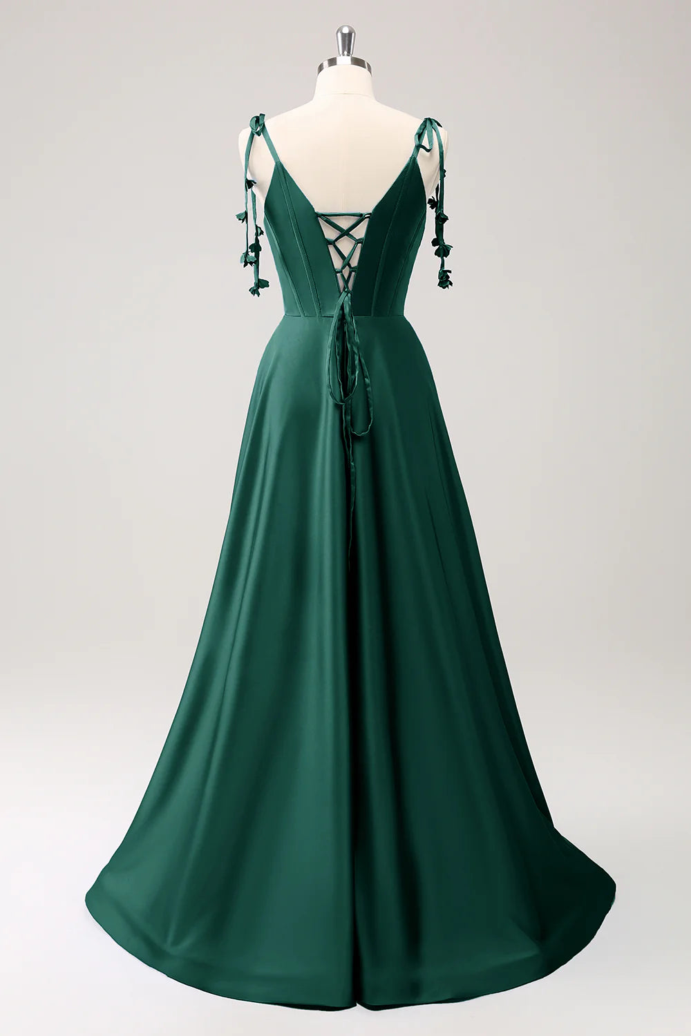 DingJiDress Dark Green A Line Evening Dress Spaghetti Straps Lace Up Back Long Prom Dress with Slit