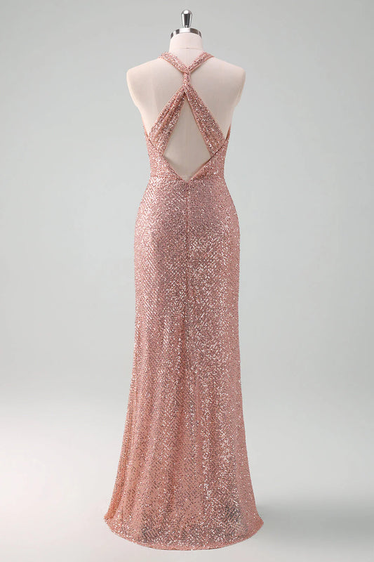 DingJiDress Bridesmaid Dress Sparkly Blush Mermaid V-Neck Sequins Long Prom Dress