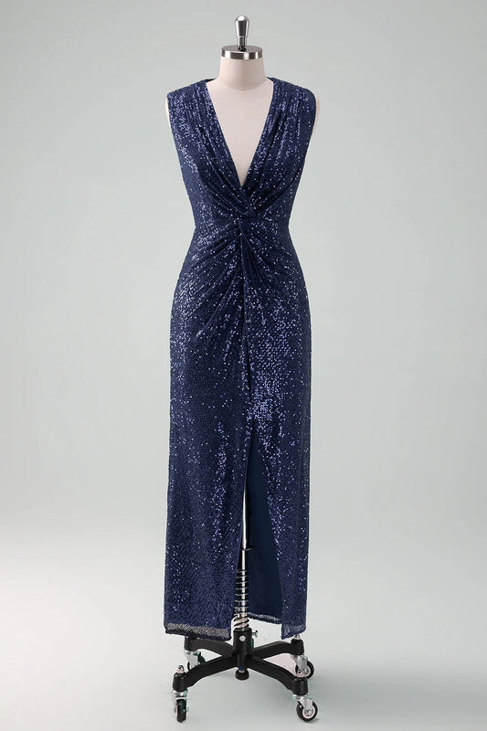 DingJiDress Sparkly Navy Sheath Bridesmaid Dress V-Neck Sequins Sleeveless Mother Of Bride Dress With Slit