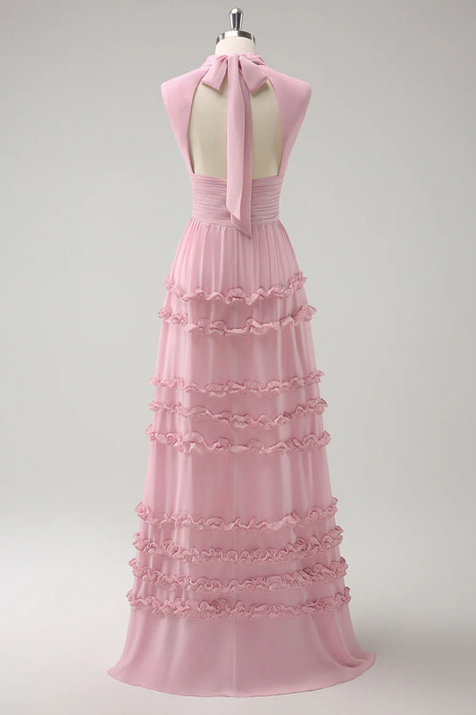 DingJiDress Blush Pink A Line High Neck Chiffon Ruffle Pleated Long Bridesmaid Dress with Lace Up Back