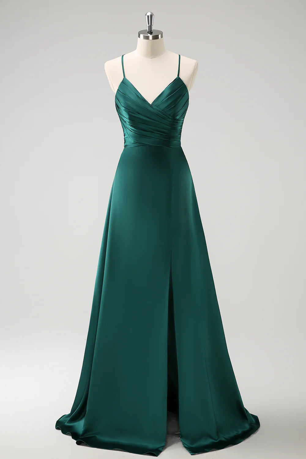DingJiDress Dark Green A Line Bridesmaid Dress Spaghetti Straps Pleated Floor Length Satin  with Slit