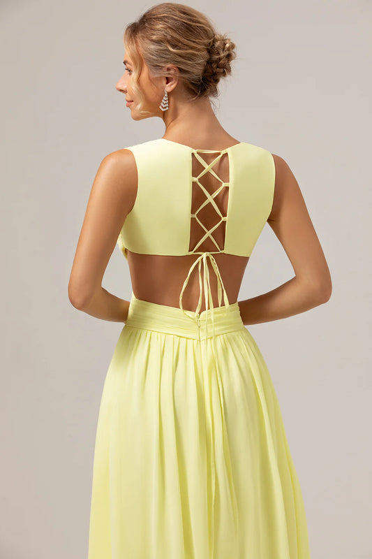 DingJiDress Lemon Yellow A Line Long Bridesmaid Dress V Neck Hollow Wedding Guest Dresses Out Ruffle Pleated with Slit