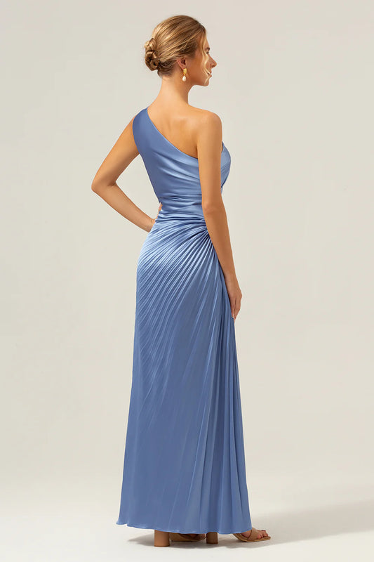 DingJiDress Sheath One Shoulder Long Blue Bridesmaid Dress Pleated Keyhole Satin  Wedding Guest Dresses