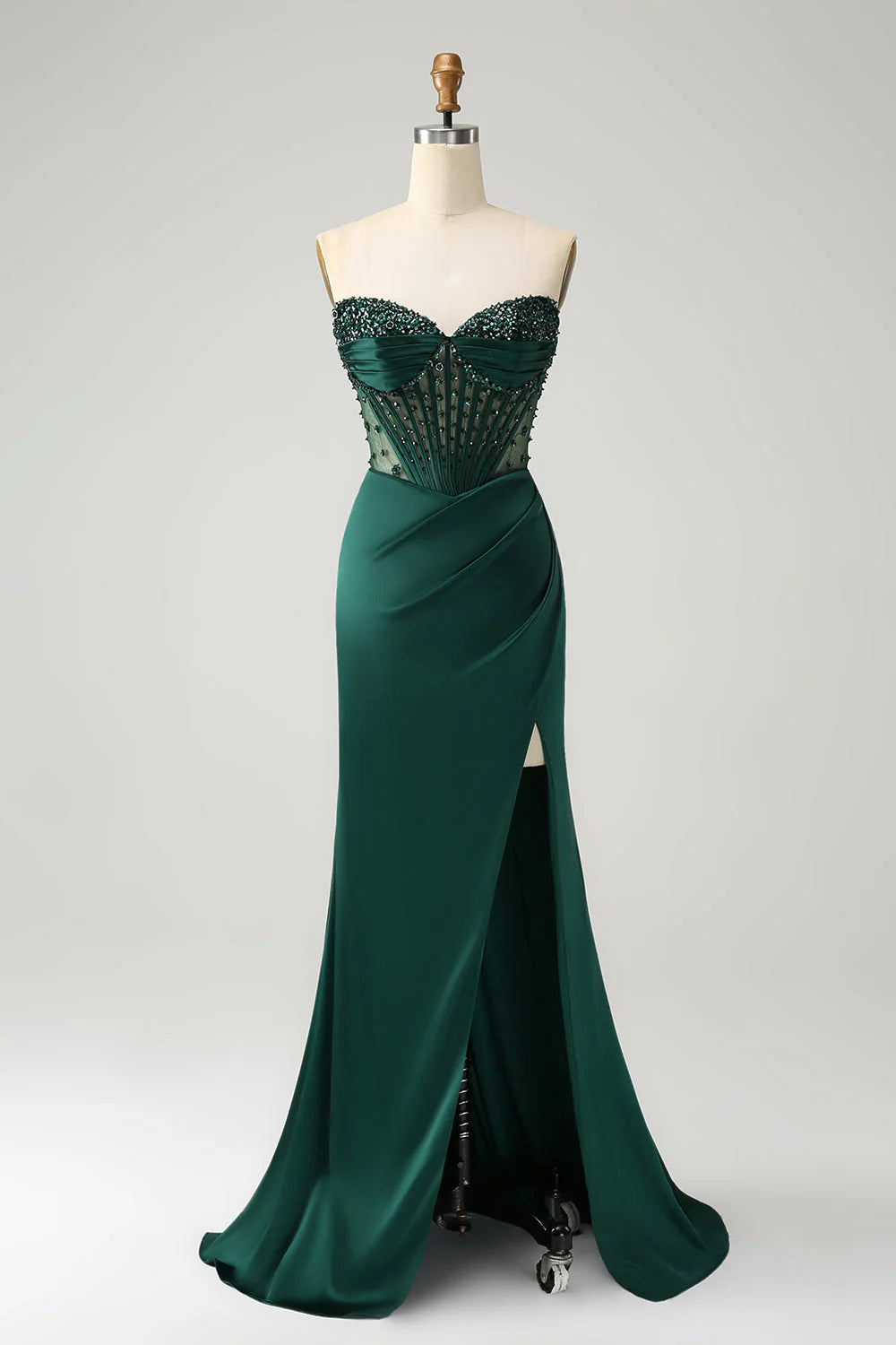 DingJiDress Sparkly Dark Green Mermaid Strapless Beaded Corset Long Prom Dress with Slit