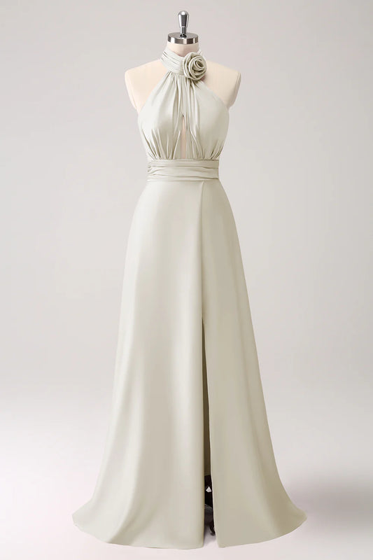 DingJiDress Dark Green Mermaid Halter Pleated Floral Satin Backless Long Prom Dress with Slit
