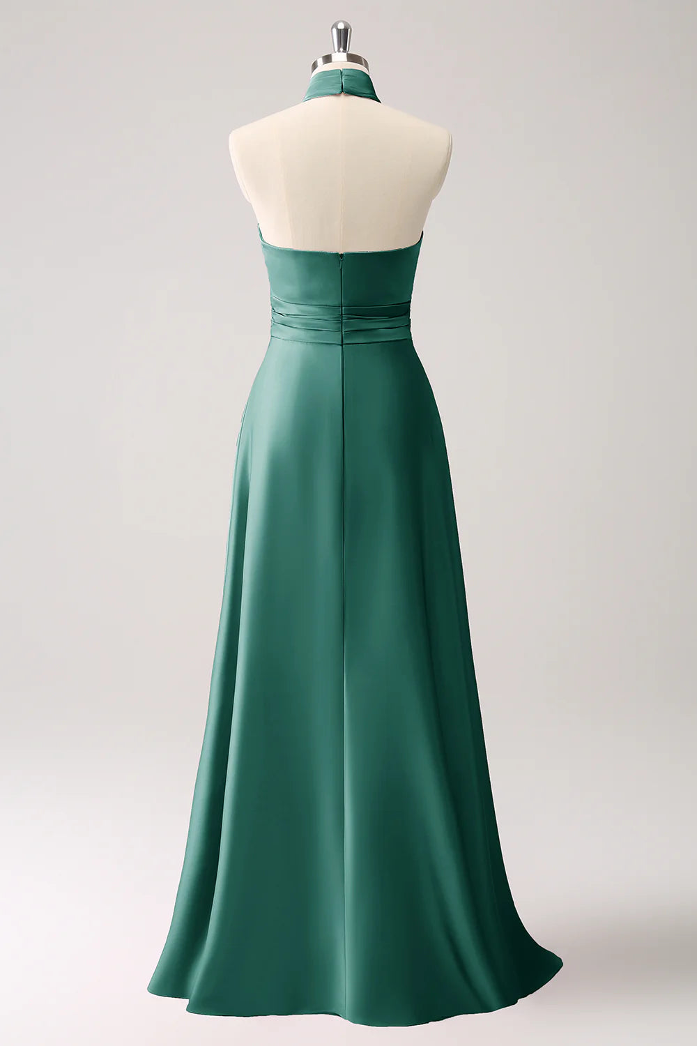 DingJiDress Dark Green Mermaid Halter Pleated Floral Satin Backless Long Prom Dress with Slit