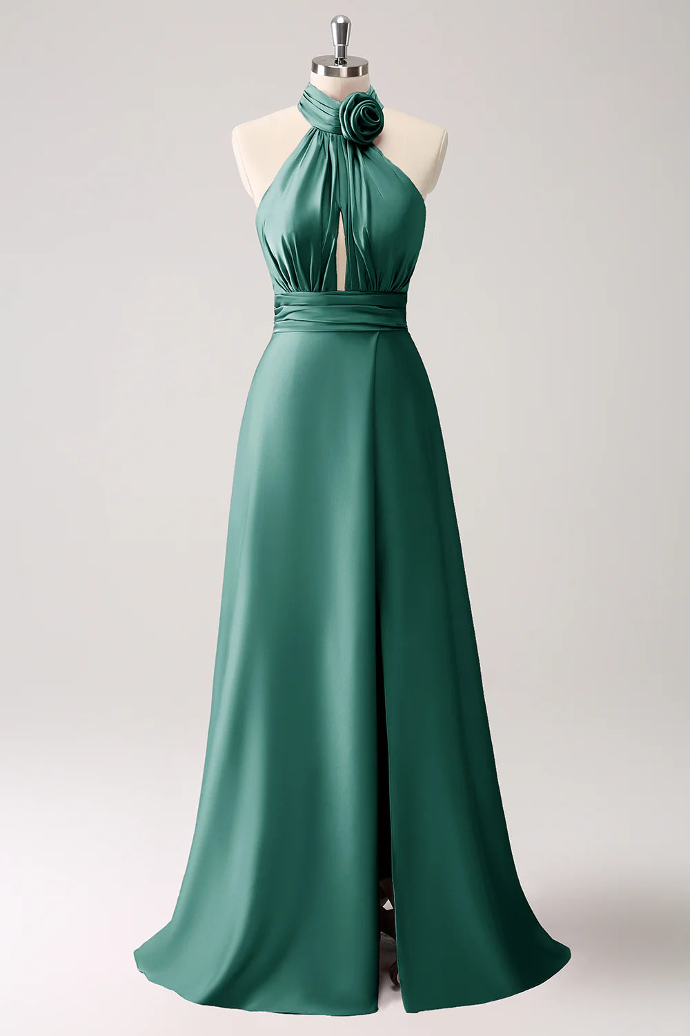 DingJiDress Dark Green Mermaid Halter Pleated Floral Satin Backless Long Prom Dress with Slit