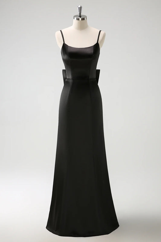 DingJiDress Black Mermaid Bridesmaid Dress Spaghetti Straps Long Ruffle Satin with Bow
