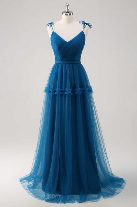 DingJiDress Dark Blue A Line Long Bridesmaid Dress Spaghetti Straps Tulle Ruched