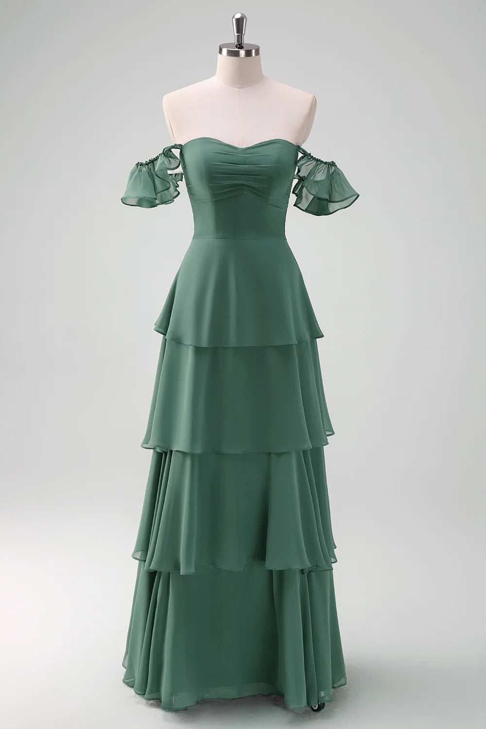 DingJiDress Eucalyptus A Line Evening Dress Off The Shoulder Tiered Long Bridesmaid Dress with Ruffles