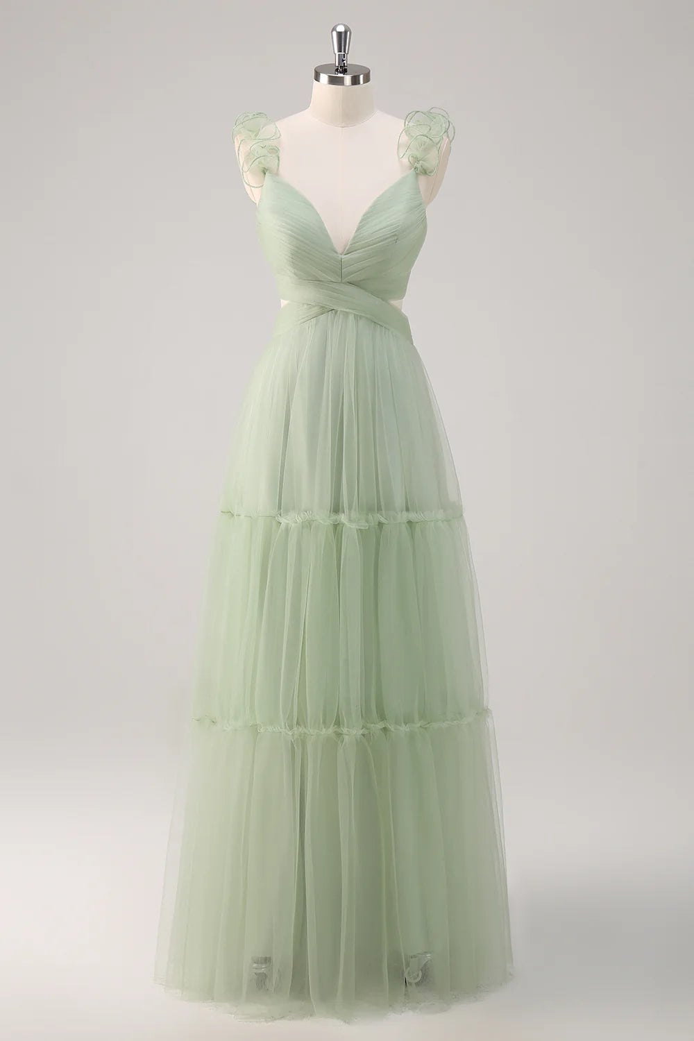 DingJiDress Elegant Dusty Sage A Line Long Bridesmaid Dress V Neck Ruched Hollow Out with Open Back