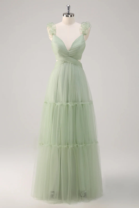 DingJiDress Elegant Dusty Sage A Line Long Bridesmaid Dress V Neck Ruched Hollow Out with Open Back