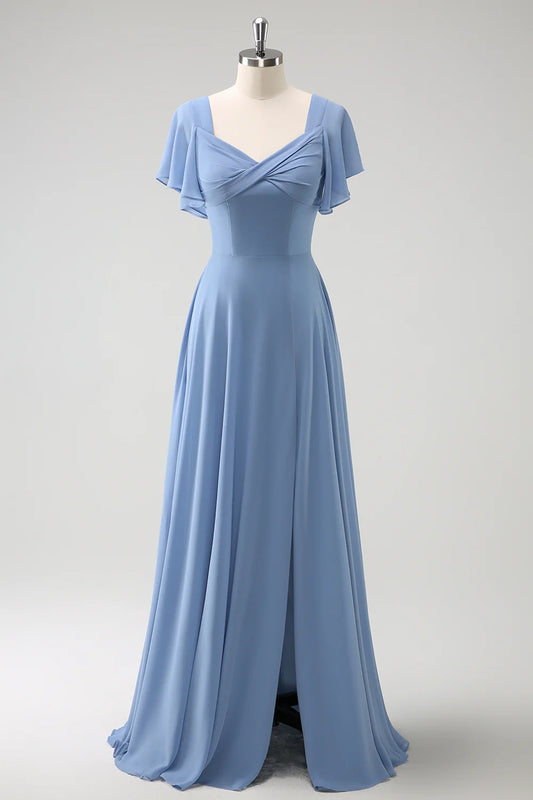 DingJiDress Grey Blue Bridesmaid Dress A Line Chiffon Ruffle Ruched Floor Length with Lace Up Back