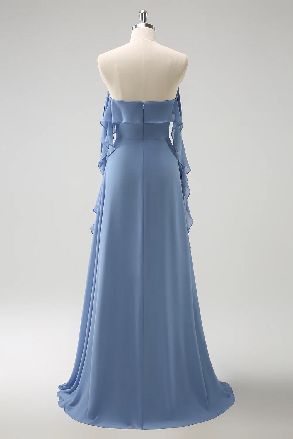DingJiDress Long Bridesmaid Dress Grey Blue A Line Spaghetti Straps Pleated Chiffon with Slit
