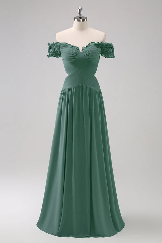 DingJiDress Elegant Eucalyptus A Line Bridesmaid Dress Off The Shoulder Chiffon Floor Length