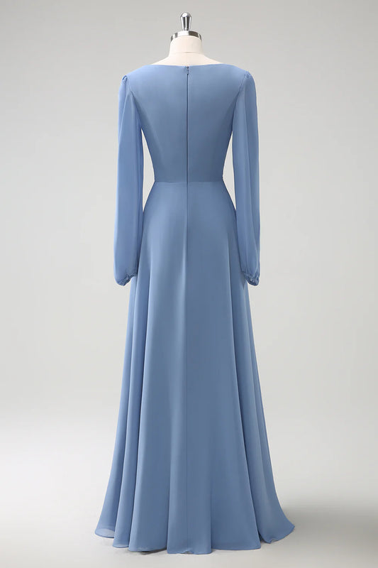 DingJiDress A Line Long Bridesmaid Dress V Neck Pleated Long Sleeves Chiffon with Slit