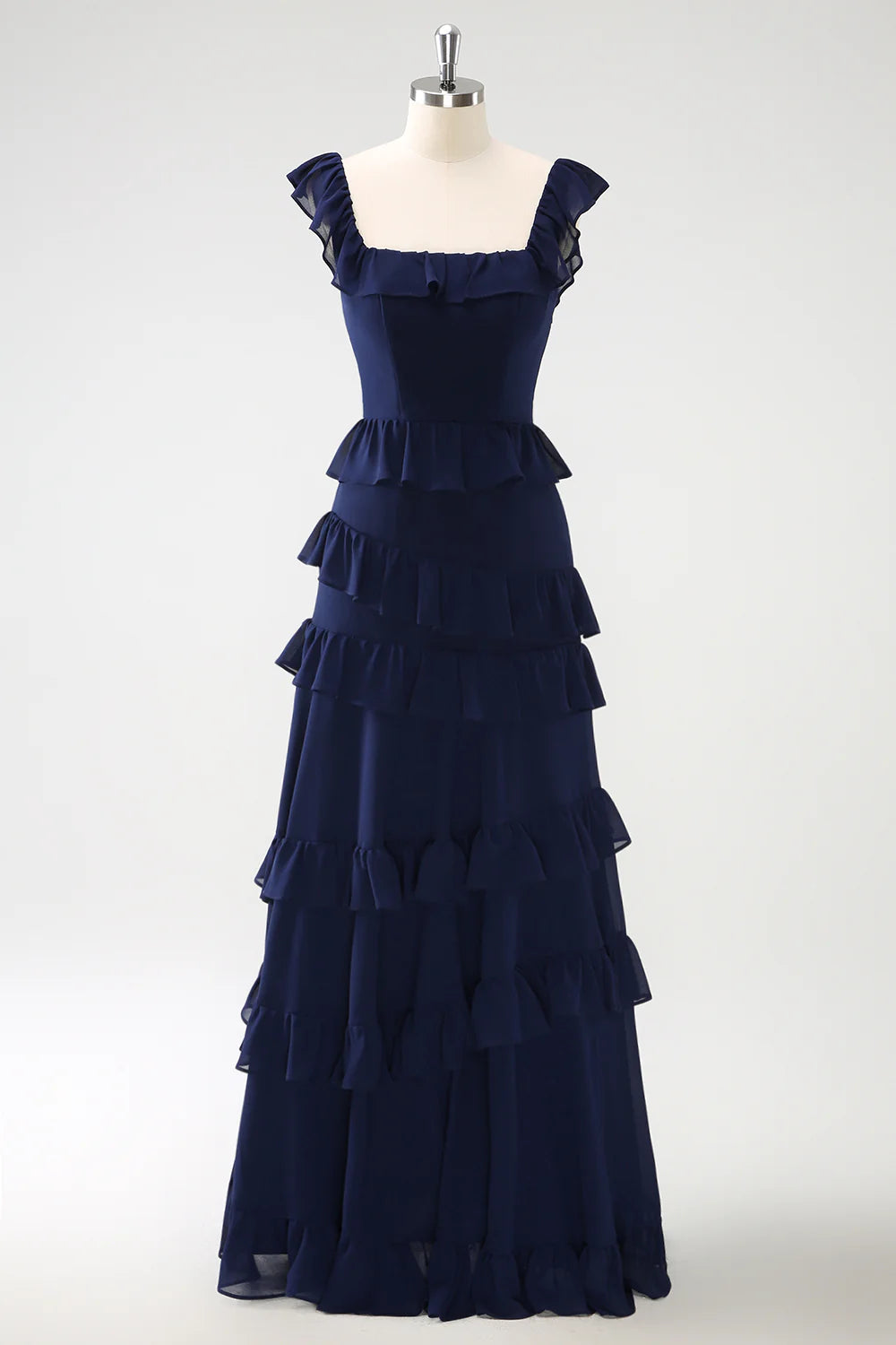 DingJiDress Dark Navy Bridesmaid Dress A Line Square Neck Floor Length Ruffle Prom Dresses