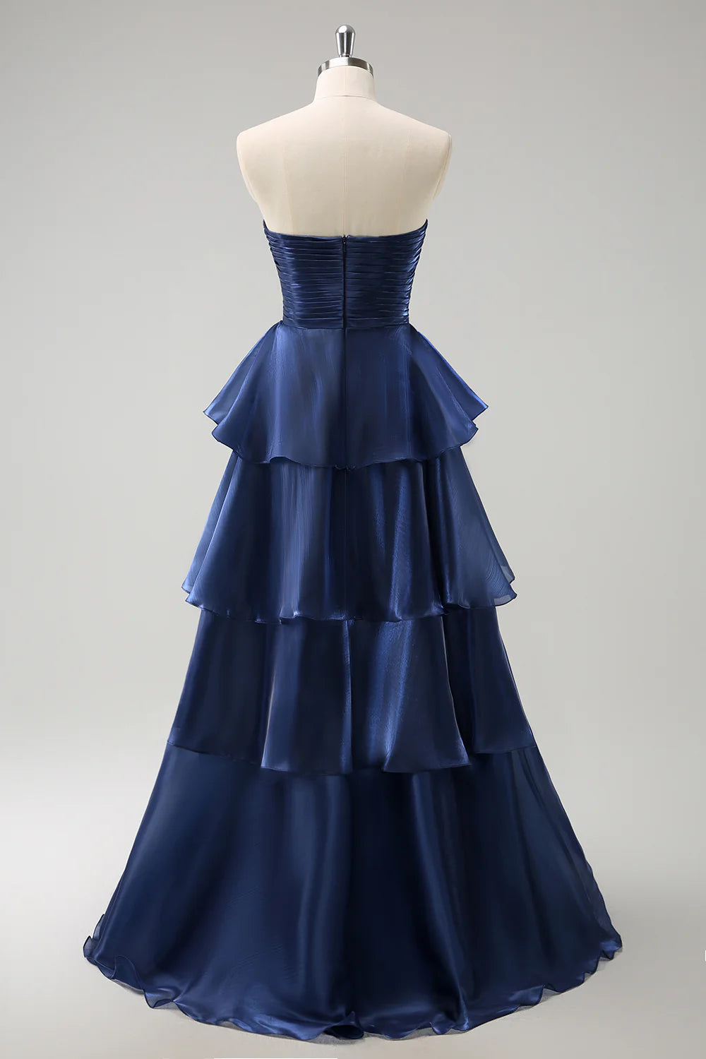 DingJiDress Dark Navy A Line Prom Dresses Strapless Pleated Tiered Floor Length Ruffle
