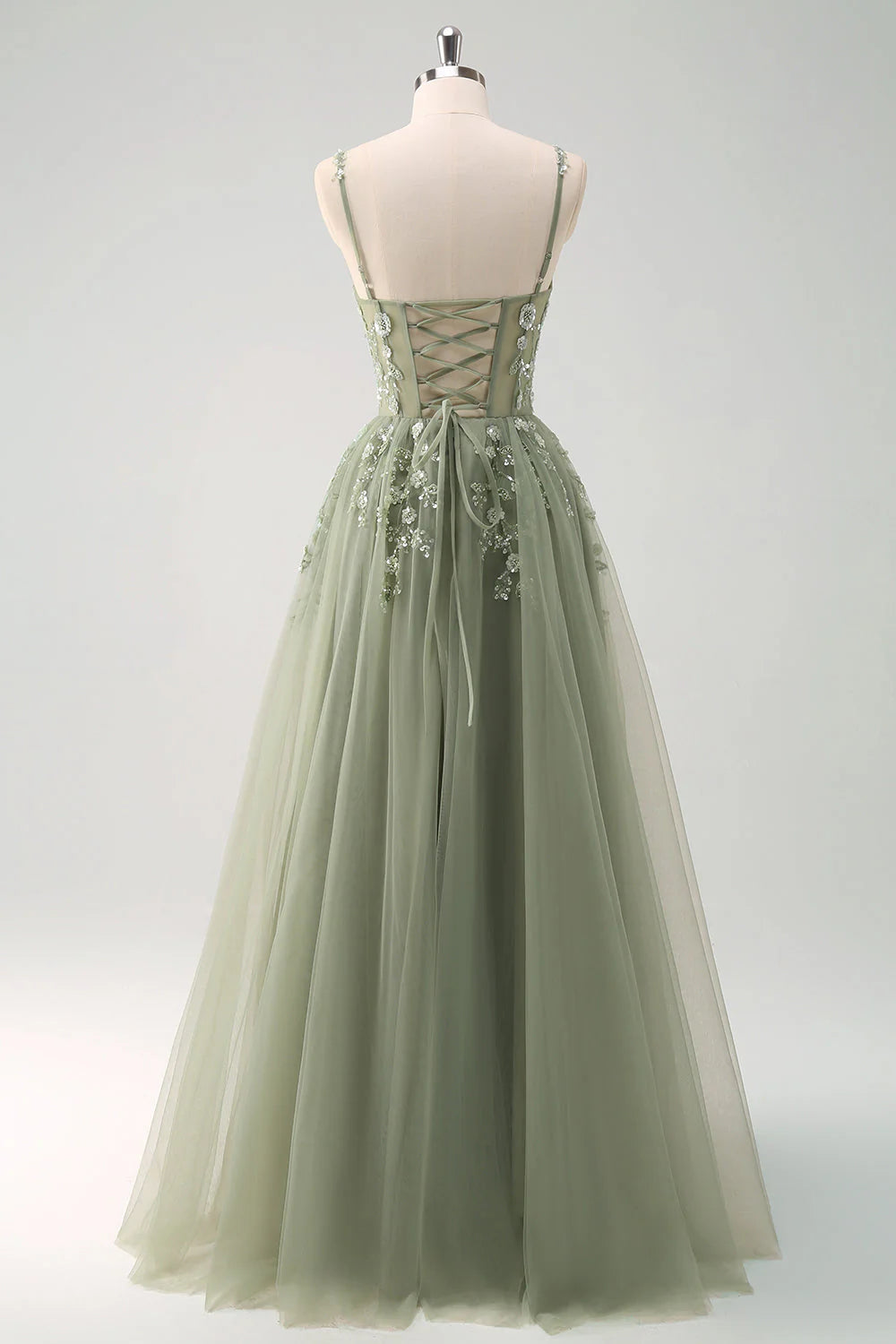 DingJiDress Sparkly Green A Line Bridesmaid Dresses Spaghetti Straps Tulle Corset Long Prom Dress with Appliques