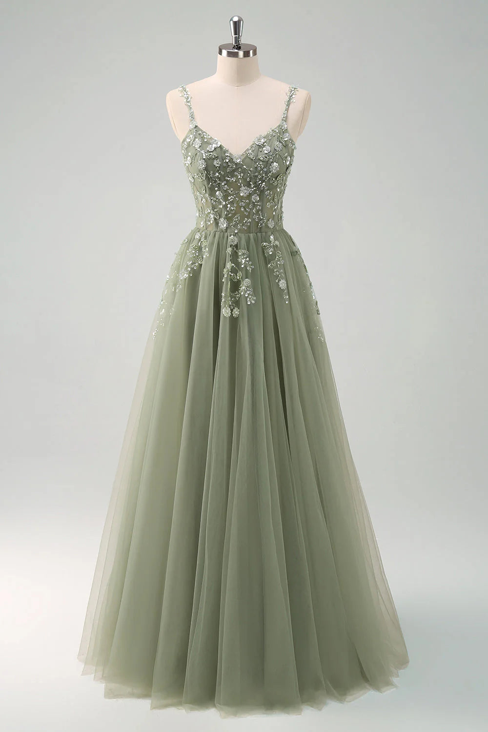 DingJiDress Sparkly Green A Line Bridesmaid Dresses Spaghetti Straps Tulle Corset Long Prom Dress with Appliques