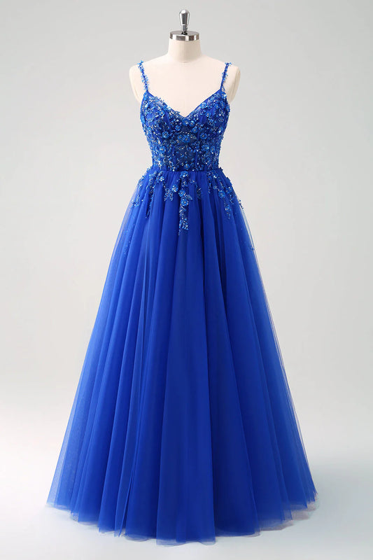 DingJiDress Sparkly Green A Line Bridesmaid Dresses Spaghetti Straps Tulle Corset Long Prom Dress with Appliques