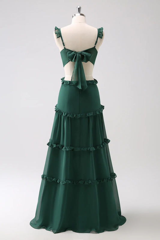 DingJiDress Dark Green A Line Bridesmaid Dress Hollow Out Chiffon Ruffle Floor Length
