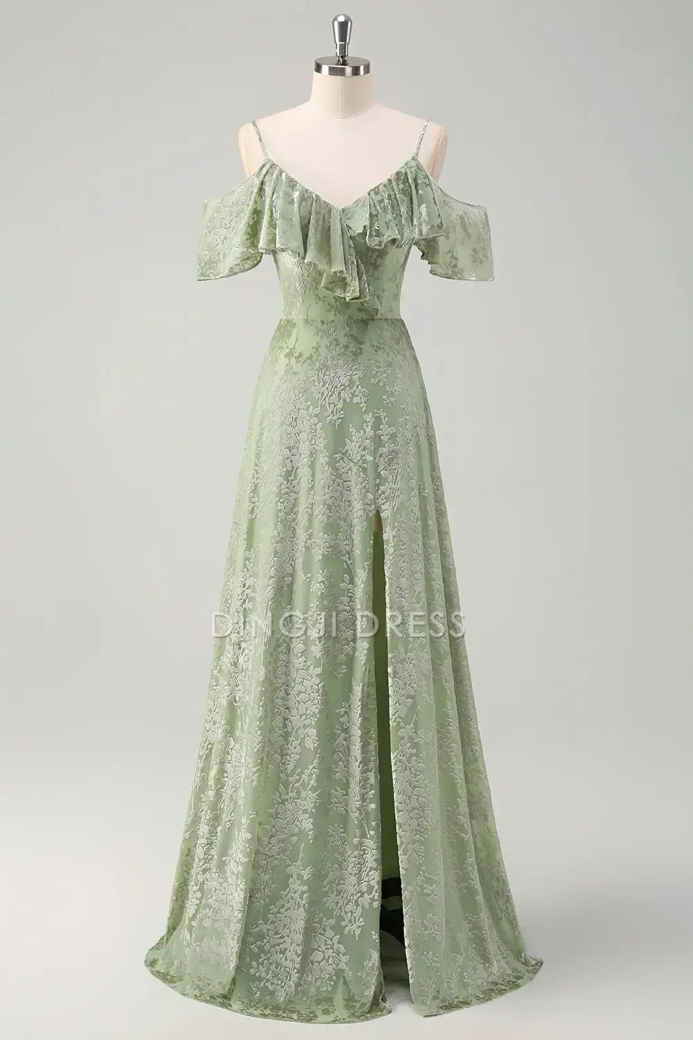 DingJiDress Hot Sale Prom Dress Sheath V Neck Spaghetti Strap Ruched Cold Shoulder Floral Side Fork Retro Long Formal Dresses