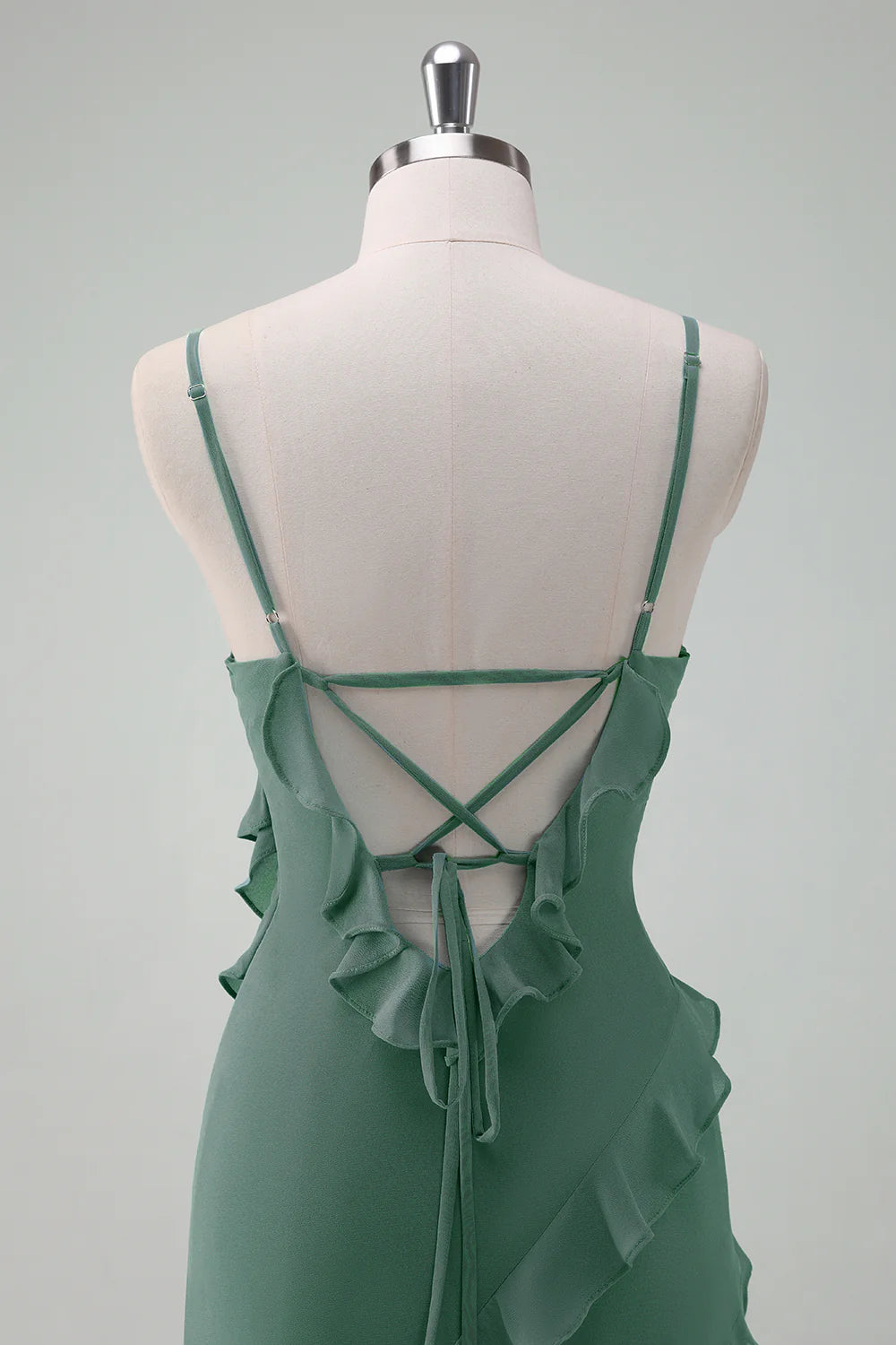 DingJiDress Eucalyptus Sheath Spaghetti Straps Long Ruffle Bridesmaid Dress with Slit