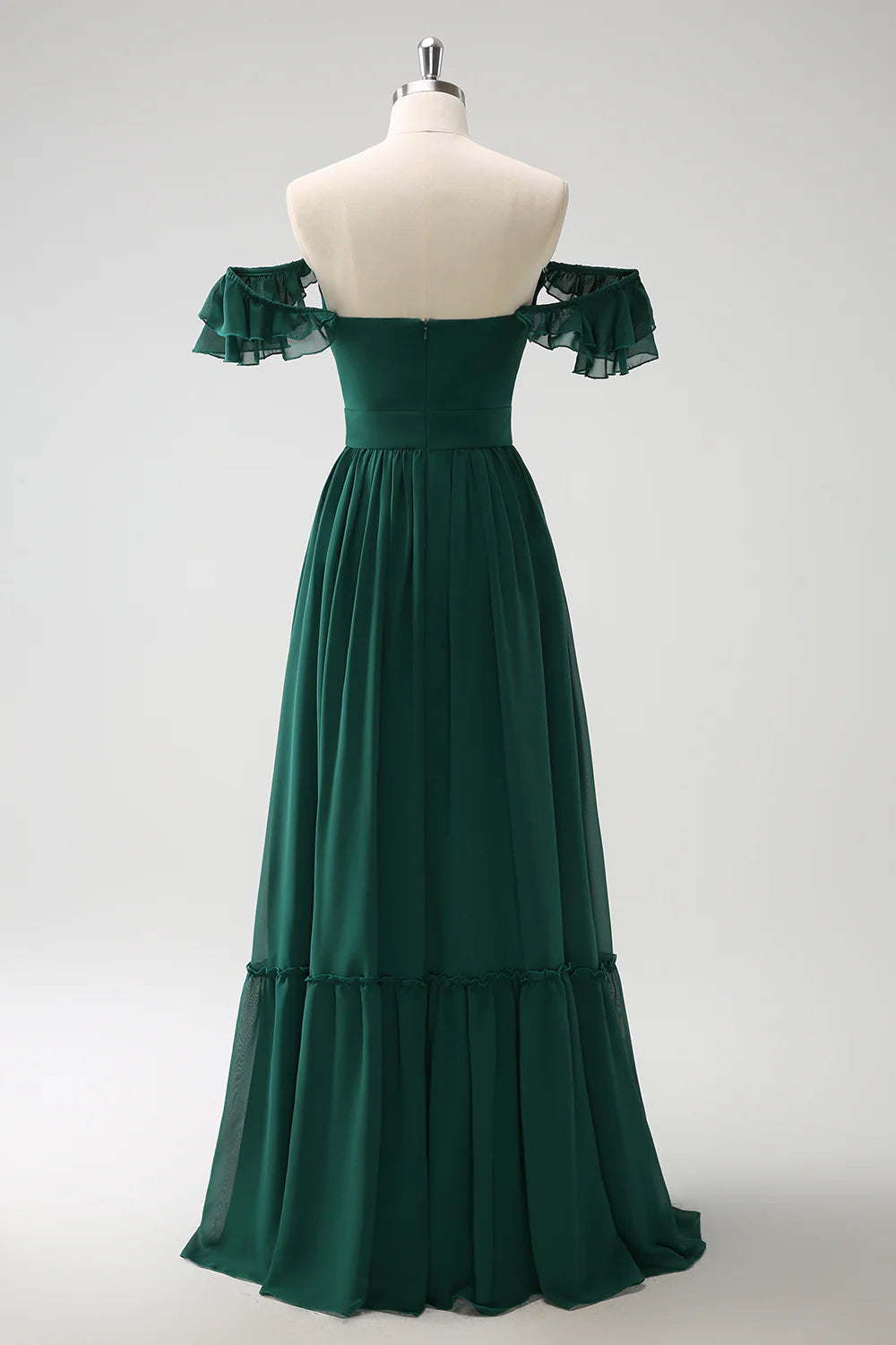 DingJiDress Dark Green A Line Bridesmaid Dress Off The Shoulder Chiffon Ruched Floor Length