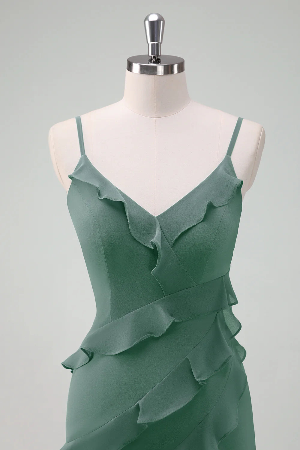 DingJiDress Eucalyptus Sheath Spaghetti Straps Long Ruffle Bridesmaid Dress with Slit