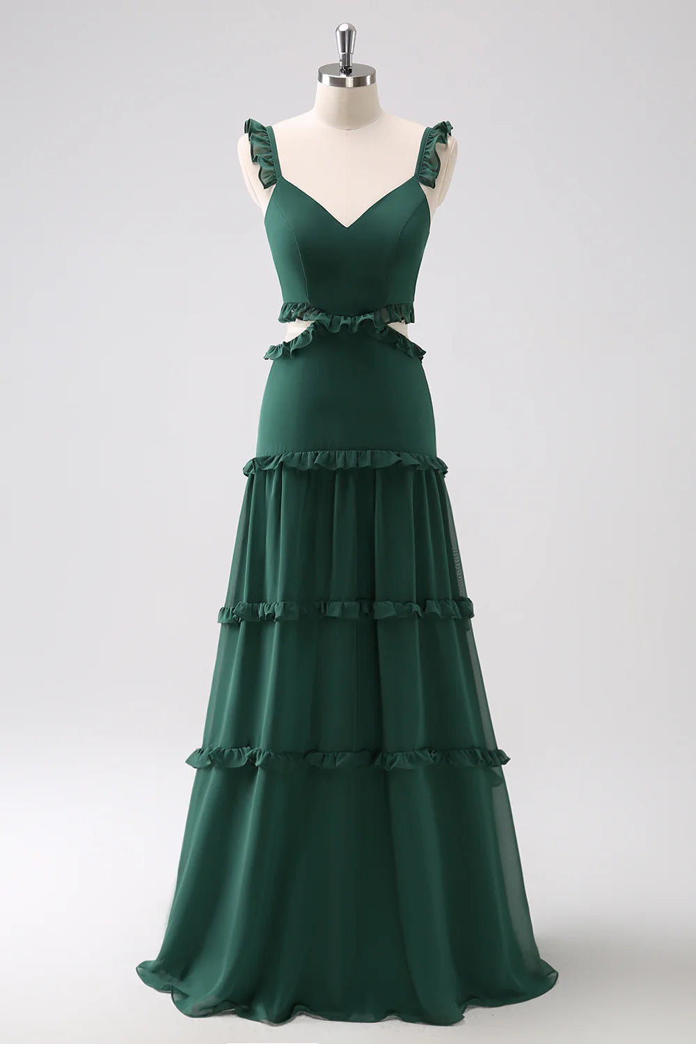 DingJiDress Dark Green A Line Bridesmaid Dress Hollow Out Chiffon Ruffle Floor Length