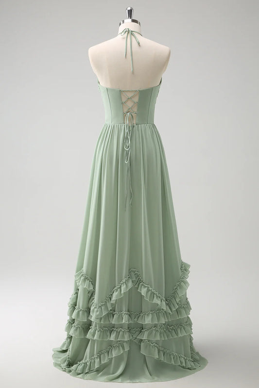 DingJiDress Long Bridesmaid Dress Dusty Sage A Line Halter Ruched Chiffon Ruffle with Slit