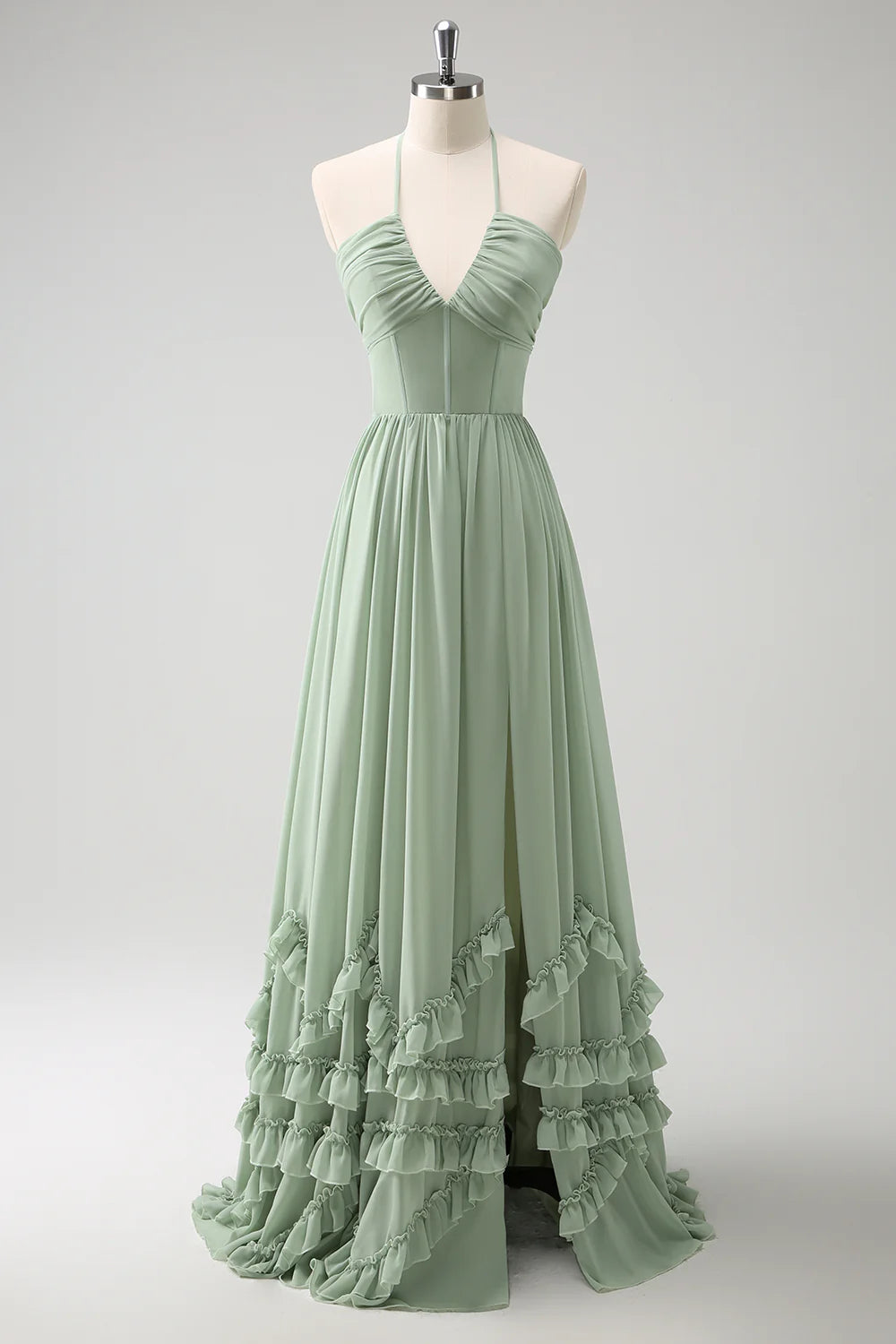 DingJiDress Long Bridesmaid Dress Dusty Sage A Line Halter Ruched Chiffon Ruffle with Slit