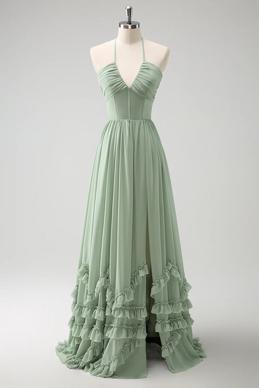 DingJiDress Long Bridesmaid Dress Dusty Sage A Line Halter Ruched Chiffon Ruffle with Slit