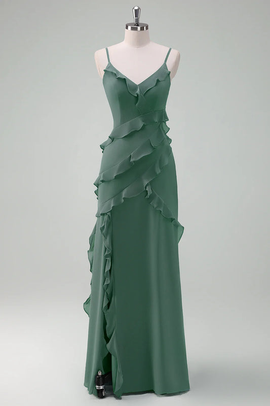 DingJiDress Eucalyptus Sheath Spaghetti Straps Long Ruffle Bridesmaid Dress with Slit