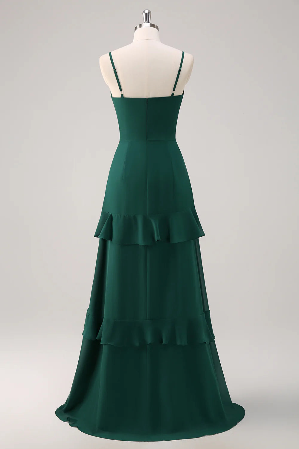 DingJiDress Dark Green A Line Bridesmaid Dress Spaghetti Straps Ruffled Chiffon Floor Length with Slit