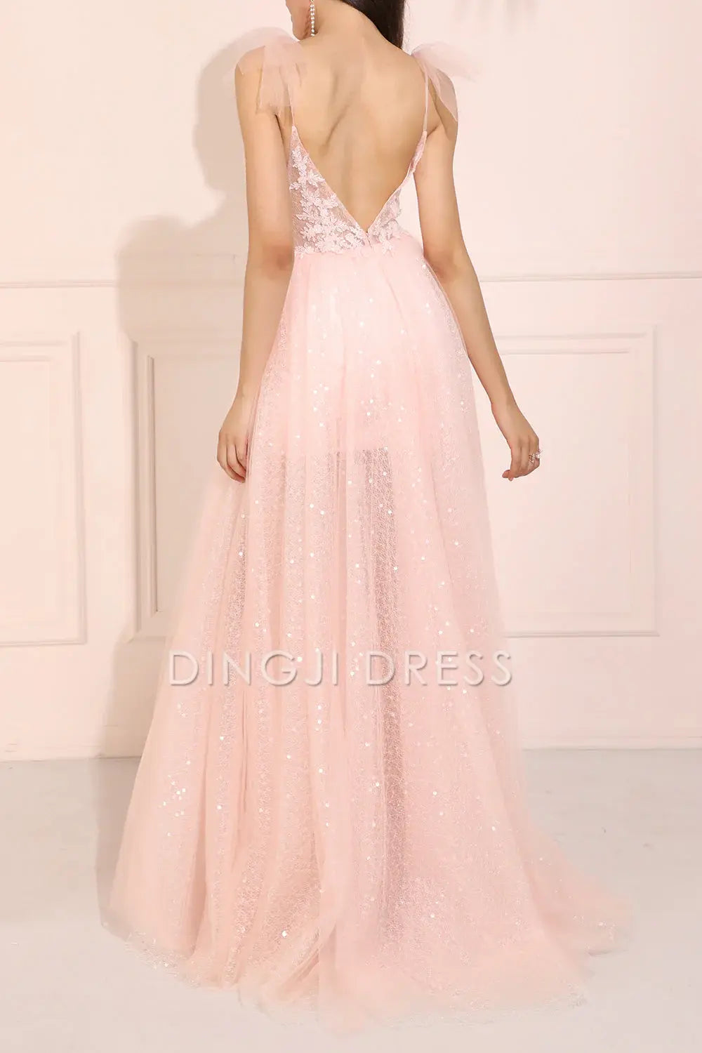 DingJiDress High Quality Dress Evening Dress Gorgeous A Line Deep V Neck Appliques Backless Sparkle Long Prom Dress