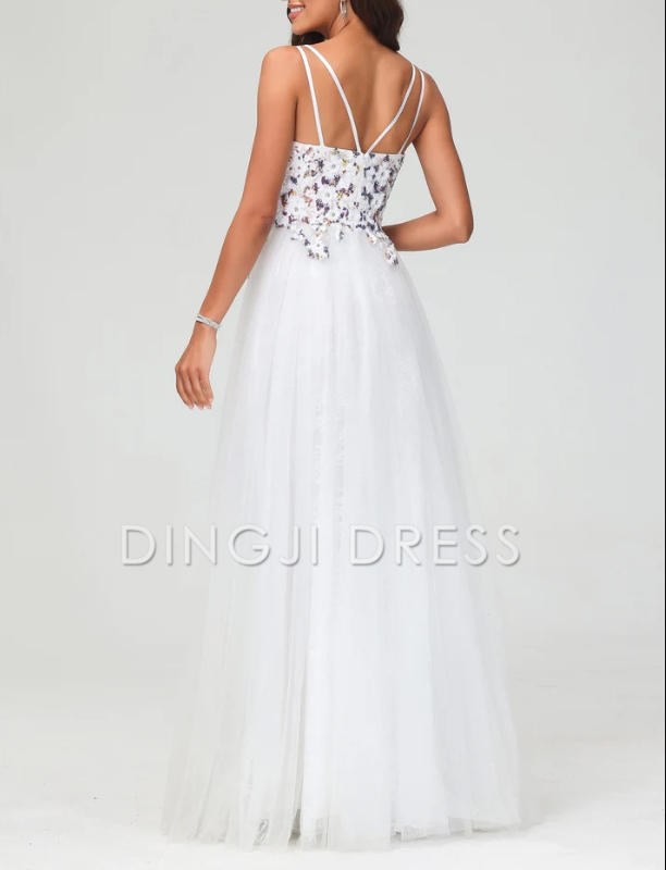 DingJiDress Evening Dress A-Line Deep V-Neck Spaghetti Straps Tulle Floor-Length Dress Elegant Formal Dress