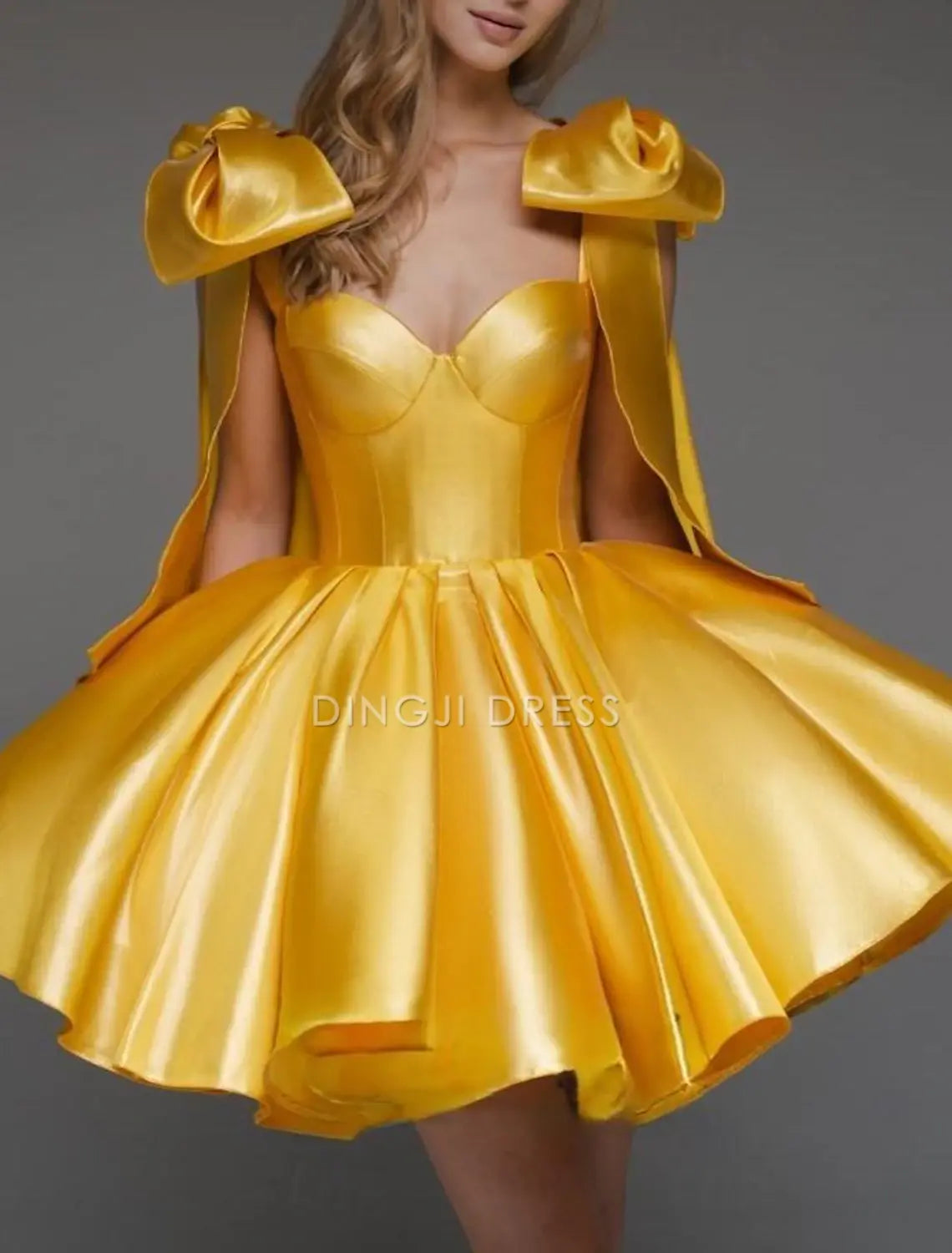 DingJiDress Hot Sale Short Prom Dress A-Line Corsets Dress Holiday Graduation Sleeveless Off Shoulder Satin with Bow(s) Cute New Homecoming Dress