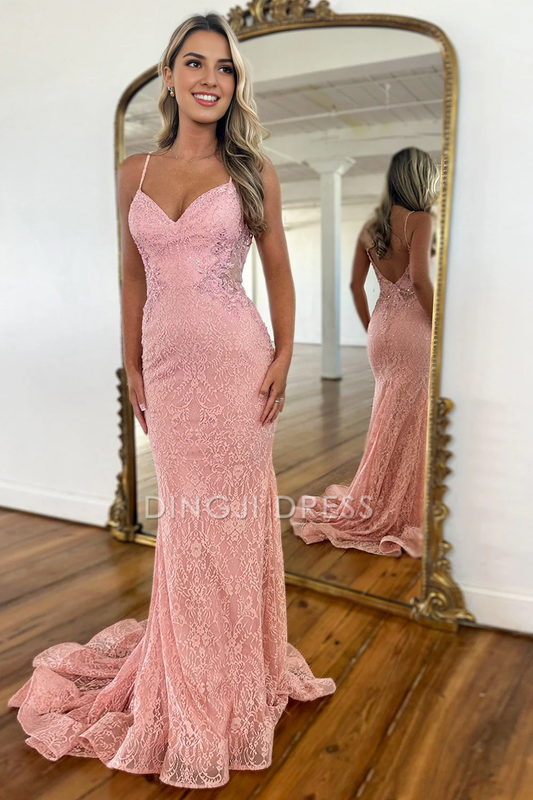 DingJiDress Mermaid Spaghetti Straps Backless Long Lace High Quality Prom Dress