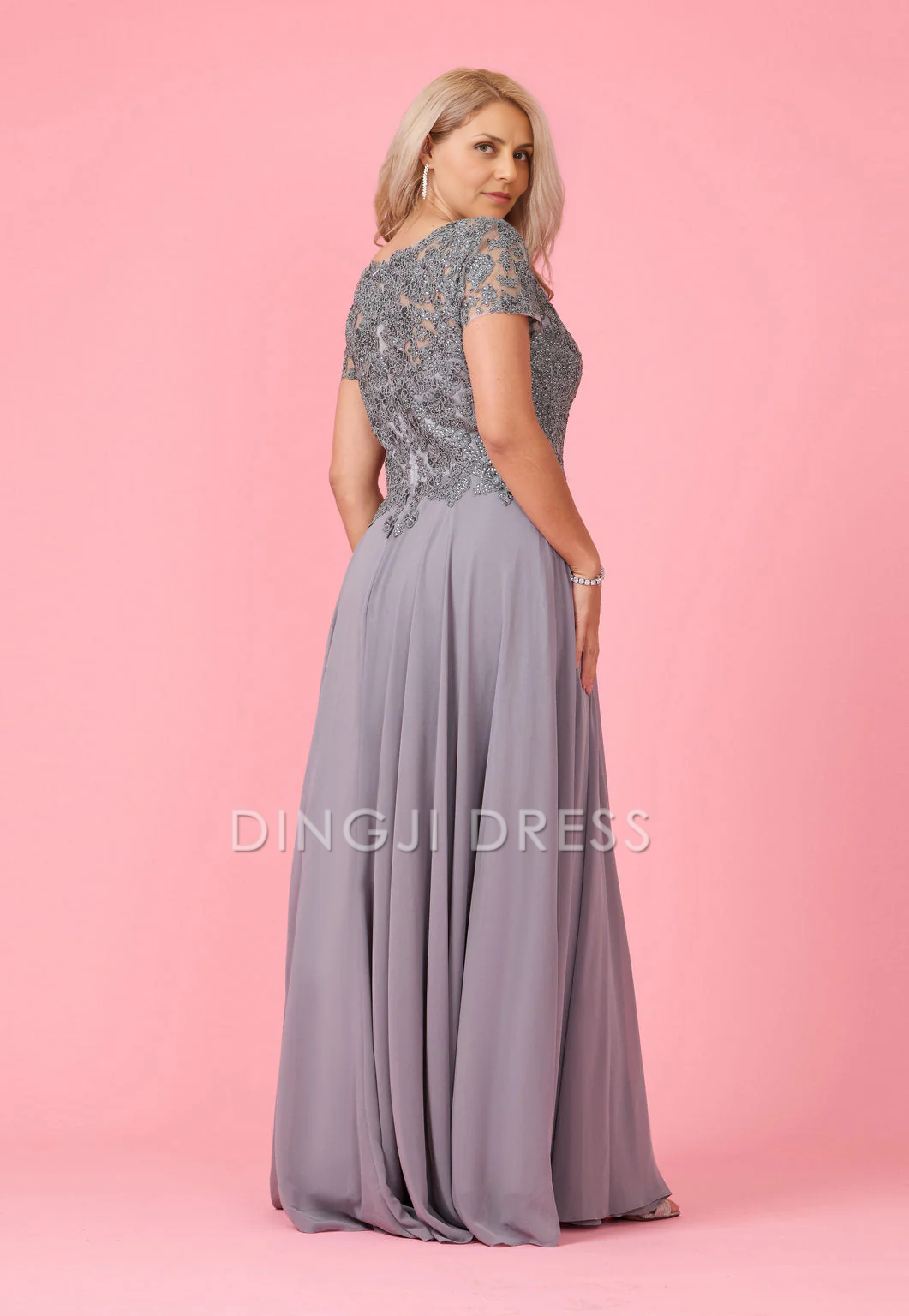 DingJiDress Evening Dress Elegant A Line Short Sleeve Lace Applique Long Mother Of The Bride Dress