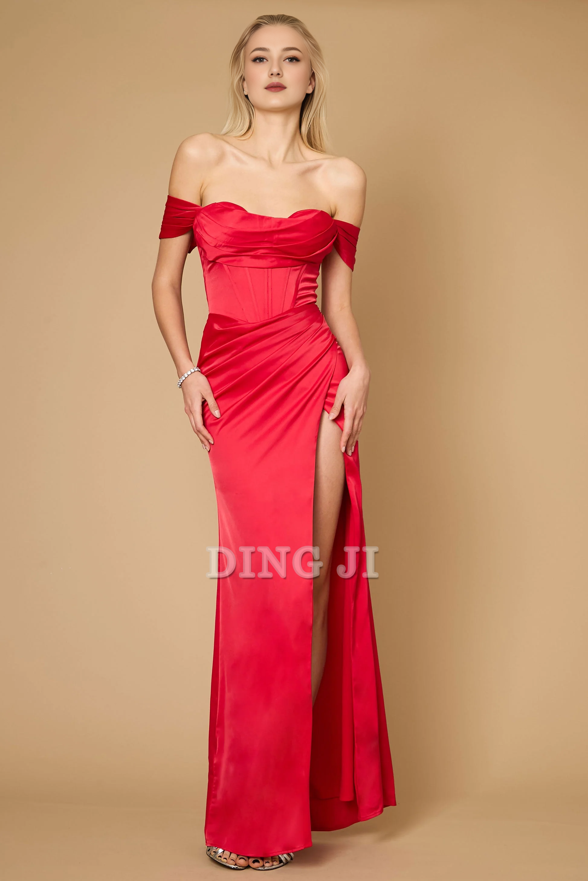 DingJiDress Bridesmaid Dresses Off Shoulder sweetheart neckline Corset Satin Backless Side Fork Dresses Long Wedding Guests Dresses