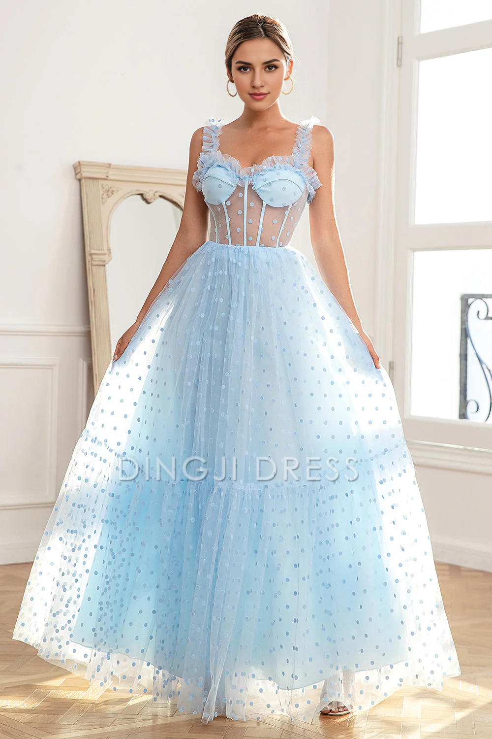 DingJiDress High Quality Dress Evening Dress Fashion A Line Sleeveless Sweetheart Ruched Polka Dots Tulle Fantastic Long Prom Dress
