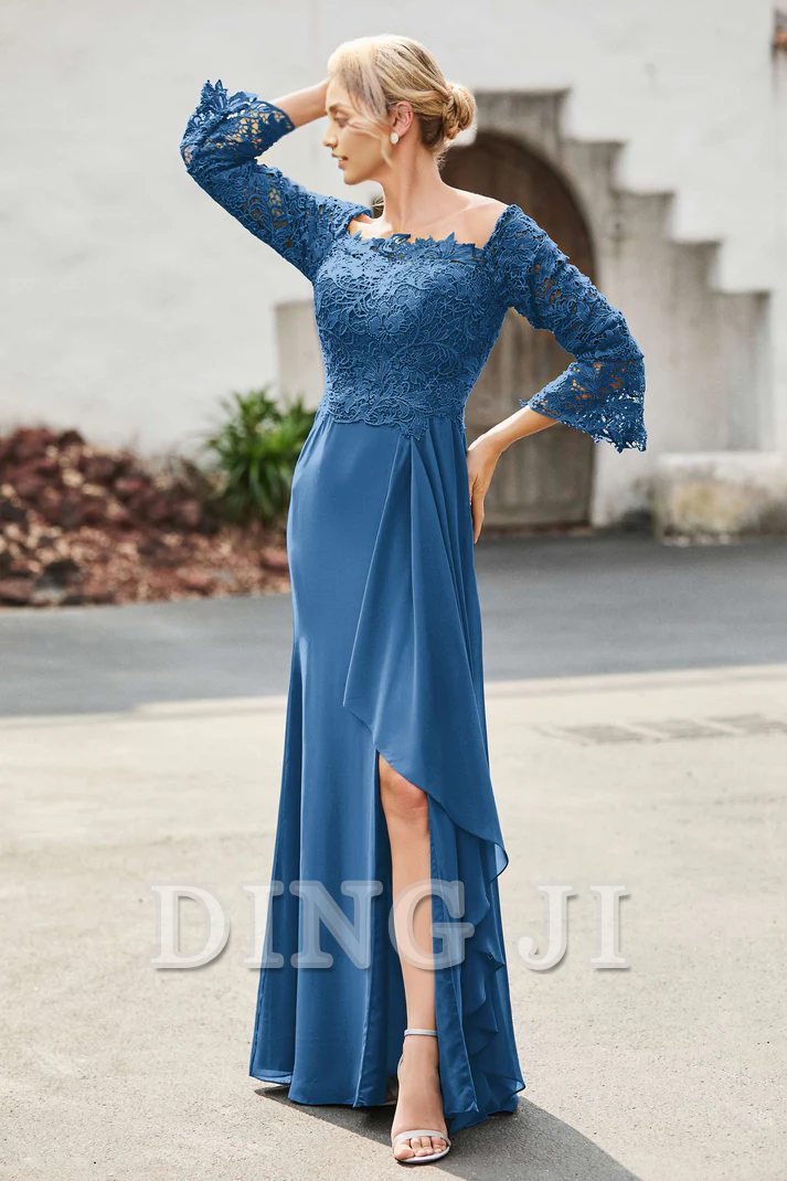 DingJiDress Mother of the Bride Dresses Ruffles Long Sleeves Sheath Dress With Slit Elegant Charming Dresses Wedding Guests Dresses